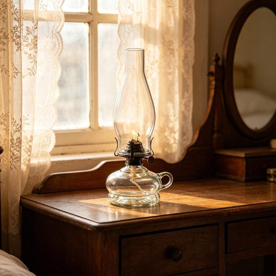 amanigo Vintage Glass Kerosene Lamp With Handle, Hurricane Lamp With Transparent Glass Chimney, Adjustable Wick, Retro Style Kerosene Lamp, Suitable For Indoor Lighting, Emergency Use, Rural Home Decor And Farmhouse Tabletop Accents - 1PC - View 1