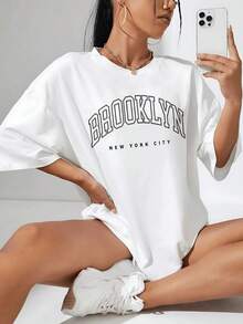 Playera de mujer de algodón 100% con estampado gráfico urbano, estilo oversize, cuello redondo, manga corta cómoda, diseño moderno para uso casual y diario en primavera y verano - Blanco - Ver 6