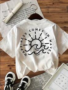 Vintage One-Piece T-Shirt [Double-Sided Print] Minimalist Style Sunwave HAPPINESS COMES IN WAVES, Short-Sleeve Crew Neck Printed T-Shirt, 180g, 100% Cotton, Short-Sleeve Crew Neck Printed T-Shirt, Women's T-Shirt, Very Suitable For Daily Wear, Fashion - 白色 - 查看 3