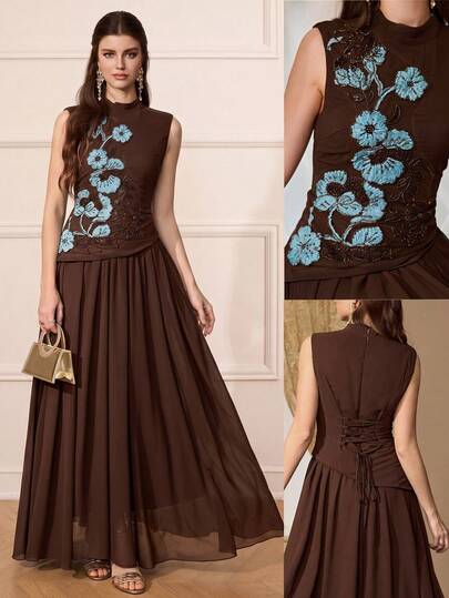 Elegant Women's Sleeveless Stand Collar Woven Dress, Decorated With Applique And Zipper Tie Back Details, Contrast Applique, Soft Brown Dress