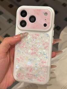 美學粉色花卉貝殼圖案手機殼，適用於 iPhone 17 Pro Max、17 Pro、17、16 Pro Max、16 Pro、16、15、14 Pro Max，可愛花朵防震後蓋 - 粉紅藍碎花 - 查看 4