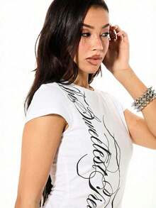 WOMEN Camiseta corta de contraste para bebé con estampado, top corto de manga corta con letras gráficas para el Día de San Valentín - Blanco - Ver 5