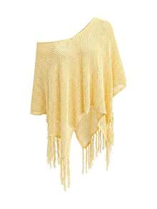 Women's Casual Beach And Sandal Resort Sexy Style Simple Solid Color Openwork Fabric Shoulder-Sleeved Bottom Fringed Versatile Blouse Vacation Summer - Yellow - View 6