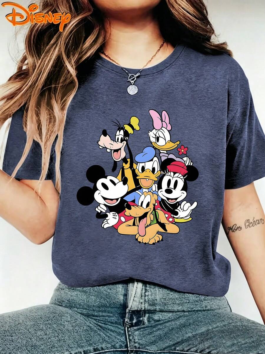 Disney Mickey Mouse Minnie Mouse Fly High Daisy Duck Donald Duck Bruto Classic Group Portrait Graphic Round Neck Casual Short-Sleeved T-Shirt, Women's Loose-Fitting Summer Shirt, Gifts For Disney Fans. - 寶藍色 - 查看 1
