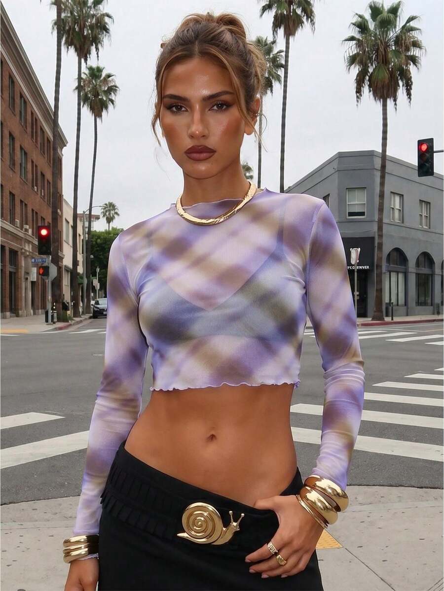 Women's Sheer Crop Tops Mesh Slim Fit Casual Lettuce Trim Dot/Plaid/Floral Stylish Crew Neck Long Sleeve T-Shirt - Morado - Ver 1