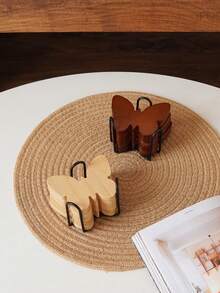 6pcs Butterfly Wooden Coaster Set: Natural Wood Butterfly-Shaped Coasters With A Black Metal Storage Rack. - Multicolor - View 6