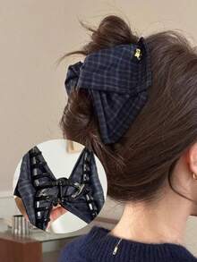 1 pieza Pinza de pelo triangular a cuadros azul marino, pinza de pelo de alta gama para mujeres con cabello grueso, accesorios de pelo de verano - Azul Marino - Ver 4