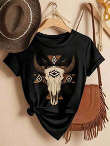 Camiseta casual unisex de manga corta y cuello redondo con estampado de vaquero del oeste para mujer, de tela suave y elástica (diseño con estampado de vaca, herradura y cactus), adecuada para primavera, verano y otoño, camiseta de estilo vaquero para mujer, camisetas de gimnasio para hombre, Día de la Madre, local, ofertas relámpago, tops. Blusas Bonito 100% Algodón - Negro - Ver 1
