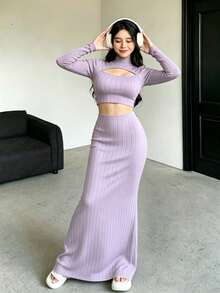 Elegant Sleeveless Maxi Dress, V-Neck, Cutout Design At The Chest, Pleated, Purple Color, New Spring/Summer Style, An Elegant Maxi Dress For Women - 淡紫色 - 查看 2