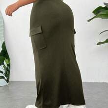 Plus Size Women's Casual High Waist Belted White Cargo Midi Skirt - Café integral - Ver 3