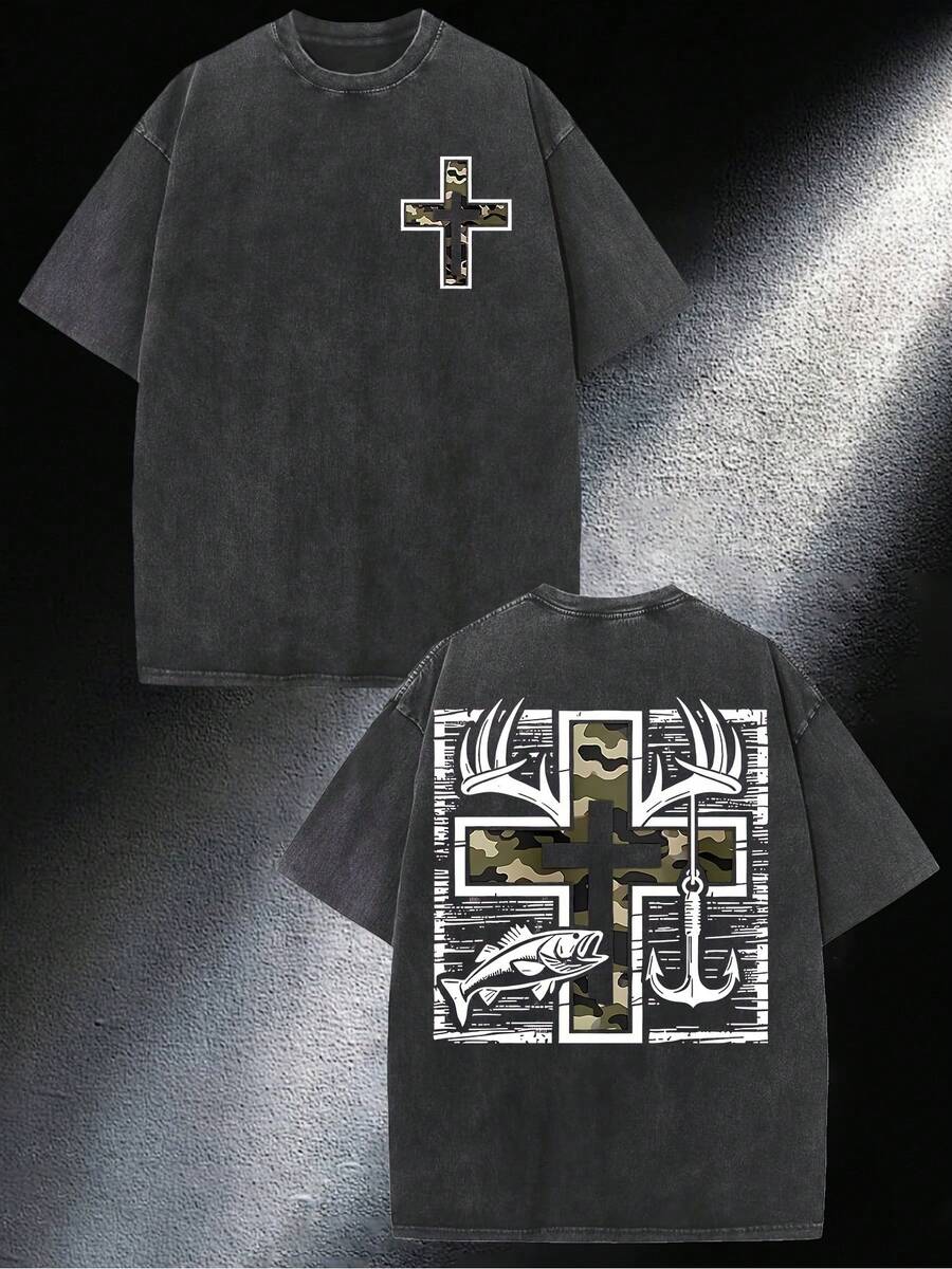 Camiseta de Algodón Lavado con Estampado de Camuflaje, Estilo Vintage Urbano, Estampado a Doble Cara, Camiseta para Hombre, Ropa de Verano con Efecto Desgastado, Mangas Caídas, Cuello Redondo, Manga Corta, Ideal para Regalar, Uso Diario. - Negro - Ver 1