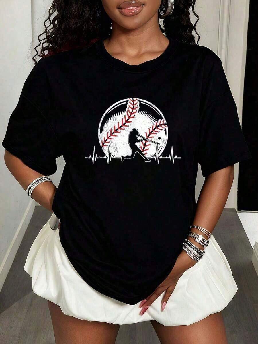 Camiseta holgada estampada para mujer, 1 pieza, regalos de béisbol para hombres amantes del béisbol, camiseta con estampado gráfico, tops de moda casual para mujer, camisetas de mujer, blusas, ropa fresca de verano. - Negro - Ver 1