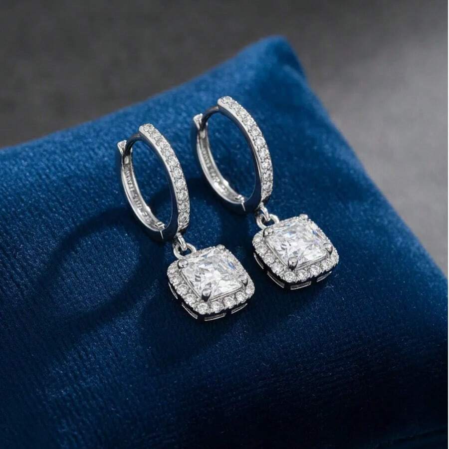 1 Pair 925 Sterling Silver Princess Cut Cubic Zirconia Hoop Earrings For Women, Luxury Elegant Wedding & Engagement Jewelry, Anniversary Gift For Her - Bạc - Xem 1