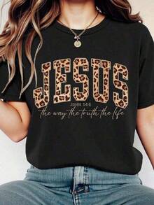 Retro GraphicVintage Leopard Print JESUS Faith Print Casual Plus Size T-Shirt,Camisetas populares de  para uso diario,Ropa de verano, ropa para niños y niñas,camisetas de apoyo para el Mundial,Camisetas del Mundial 2026,Camisetas estampadas,Camisetas estampadas, - Negro - Ver 6