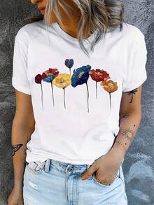 Women's Printed T-Shirt With Colorful Floral Design - Casual Short Sleeve Crew Neck T-Shirt, Relaxed Fit For All Seasons, Perfect For Everyday Wear Or Holidays, Matches Perfectly With Distressed Jeans (Machine Washable). - White - View 7