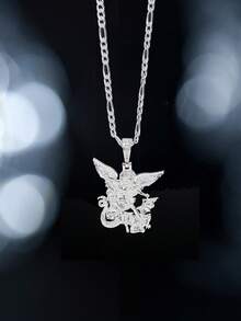 1pc St. Michael Archangel Rhinestone Pendant Necklace, Punk Hip Hop Style Religious Amulet Jewelry For Men Perfect Daily, Party Accessory - Silver Angel - View 1