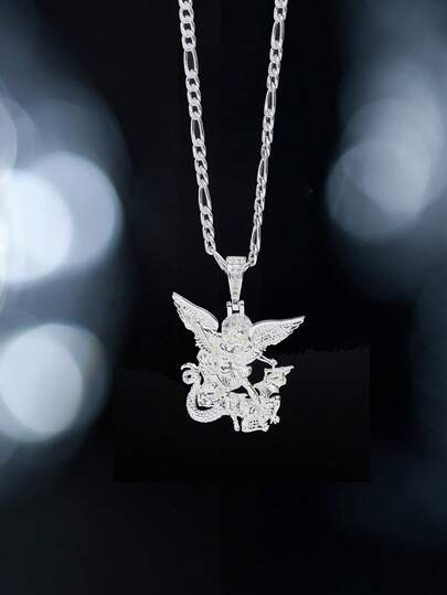 1pc St. Michael Archangel Rhinestone Pendant Necklace, Punk Hip Hop Style Religious Amulet Jewelry For Men Perfect Daily, Party Accessory