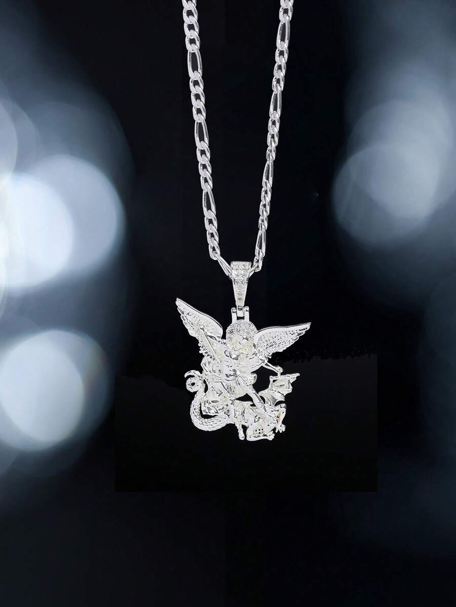 1pc St. Michael Archangel Rhinestone Pendant Necklace, Punk Hip Hop Style Religious Amulet Jewelry For Men Perfect Daily, Party Accessory - Silver Angel - View 1