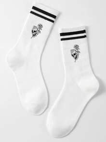 1 par de calcetines de tripulación con patrón de calavera y rosa de moda para decoración diaria, otoño - Blanco y Negro - Ver 7
