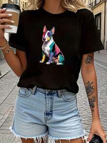 Women's Pure Cotton T-Shirt With Geometric Bull Terrier Pattern Print, Short Sleeve Round Neck T-Shirt For Spring/Summer, Ideal For Casual Shopping And As A Holiday Gift, Suitable For Gatherings With Friends. - 黑色 - 查看 7