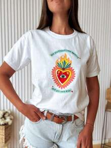 Camiseta para Mujer con Estampado Romántico, Cuello Redondo, Manga Corta, Diseño Oversized, Ideal para San Valentín - Negro - Ver 1