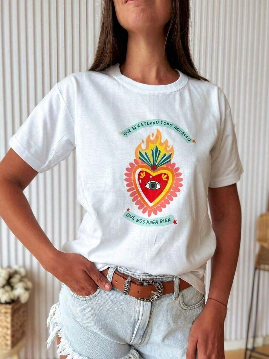 Camiseta para Mujer con Estampado Romántico, Cuello Redondo, Manga Corta, Diseño Oversized, Ideal para San Valentín - Negro - Ver 1