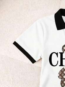 Blusa casual de mujer con cuello polo a rayas y manga corta - Blanco y Negro 4 - Ver 4