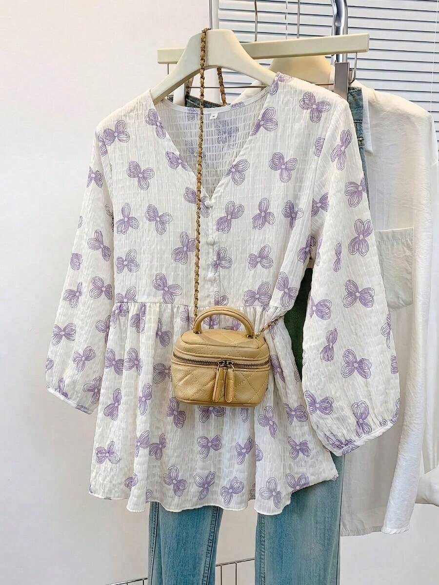 Blusa de mujer con cuello en V de gasa con estampado floral romántico, manga farol, corte holgado y silueta favorecedora, adecuada para uso casual, de calle y de oficina en vacaciones de verano - Púrpura malva - Ver 1