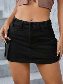 Minifalda de tela vaquera de tiro bajo, de moda para el verano - Negro - Ver 3