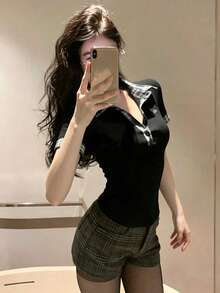 Letter Contrast Color Plaid Button Decor Casual Summer Dress For Women Black - Black - View 3