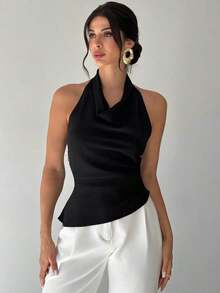 Camisa elegante de oficina para mujer, blusa negra ajustada con cuello asimétrico, sin mangas, halter, espalda descubierta, decoración de botones ajustables, ropa de primavera/verano, elegante, sexy - Negro - Ver 3