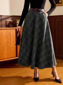 DECDS Falda elegante vintage para mujer con bolsillos y cinturón a cuadros, falda casual de vacaciones, falda gris de otoño, invierno y Navidad, falda para invitada de boda - Negro - Ver 10
