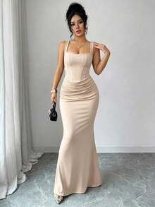 YHHSelianne Nuevo vestido de verano sexy, vestido negro ajustado con cuello cuadrado francés, ribete con falso boning, silueta de sirena, detalle de drapeado en la cintura, vestido de gala para boda, vacaciones, cita, fiesta, Día de San ValentínYHH - Albaricoque - Ver 4