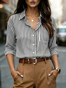 Camisa de manga larga a rayas clásica para mujer, con cuello, diseño de botones delanteros, decoración de bolsillo, adecuada para oficina y uso casual en primavera, verano, otoño e invierno - Negro - Ver 1