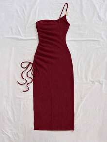 Vestido de mujer con textura de gofre tejido, diseño ajustado con abertura y cordón, adecuado para fiesta, cita, sexy, té de la tarde, playa, verano, festival de música, temporada de bodas - Burdeos 2 - Ver 2
