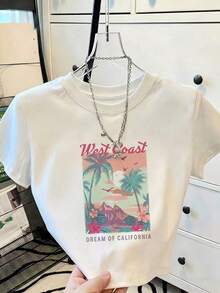 Camiseta de impresión gráfica Casual de la  oeste de la mujer, camiseta de cuello redondo de manga corta, perfecta para Streetwear de verano WN98 - Blanco - Ver 2