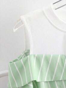 Conjunto de vacaciones para mujer con camisa a rayas de dos piezas falsa - Verde - Ver 3