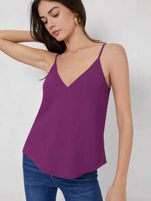 Camisola casual y versátil de verano de color blanco con cuello en V para el trayecto diario - Morado - Ver 4