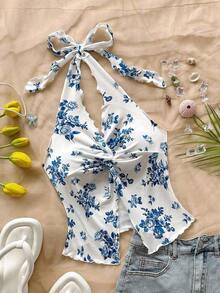 Blusa corta con cuello de halter y lazo, estilo corto que estiliza la figura, adecuada para verano, vacaciones de primavera, Día de San Patricio, Pascua, conciertos, elegante, casual de negocios, western, linda, bohemia, campestre, modesta, rop - Multicolor - Ver 4