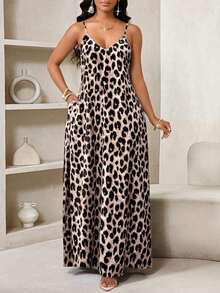 Lady Vestido largo con estampado de leopardo para mujer, estilo bohemio, sin espalda, holgado, vestido maxi suelto sin tirantes para cumpleaños, eventos, vacaciones, vestidos casuales, vestidos boho/bohemia/boho, top halter, ropa africana para mujer - Albaricoque - Ver 1