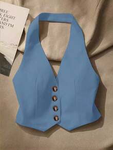 Top sin mangas con espalda descubierta casual para mujer, con botones delanteros, estilo elegante, para verano - Celeste - Ver 1