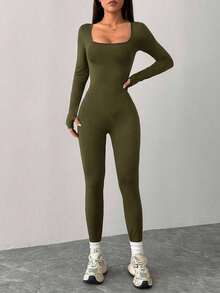 PETITE Mono Negro de Punto con Cuello Cuadrado, Ajustado, Casual, Deportivo, para Yoga, Otoño - Verde militar - Ver 5