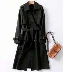 Gabardina larga de doble botonadura para mujer, clásica y elegante, chamarra de solapa a prueba de viento con cinturón, ropa exterior de otoño e invierno - Negro - Ver 3