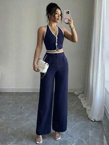 Conjunto de 2 piezas para mujer con top halter escotado en la espalda con ribete de color contrastante y pantalones largos - Azul marino - Ver 5