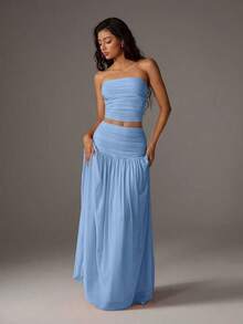 Unity Conjunto de 2 piezas de top corto de bustier de malla de unicolor y falda larga para mujer - Azul - Ver 6