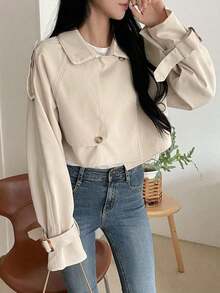 Abrigo casual de trinchera de unicolor con botones delanteros y manga larga, ropa de otoño para mujer - Albaricoque - Ver 7