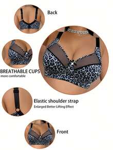 Plus Size Women's Wireless Bra With Leopard Print, Breathable Non-Slip Supportive Seamless Everyday Bra - Black - View 5
