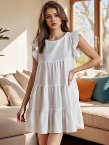 Women Fashion Ruffle Sleeve Solid Color Dress Stylish Dress for Shopping Daily Wear - Blanco - Ver 3