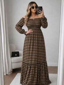 Adult Plus Size Long Plaid Dress With 3/4 Sleeves, Adjustable Elastic Waistband, Perfect For June Festivals, Country Fashion, Loose Fit, And Comfortable. - Nâu/Đen - Xem 5