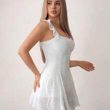 Women's Floral Embroidery Ruched Waist Elegant Mini Dress, Suitable For Dates And Parties - Blanco - Ver 6